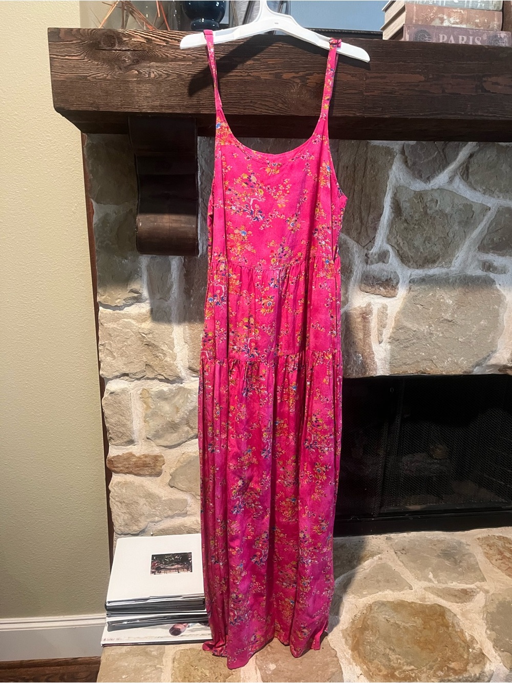 Bright Pink Floral Tiered Maxi Dress with Spaghetti Straps